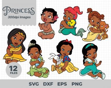 Baby Princess Svg, Baby  Black Princess, Elsa svg, Cinderella svg, Moana svg, Snow White svg, Jasmine svg, Ariel svg, Alice svg, Layer
