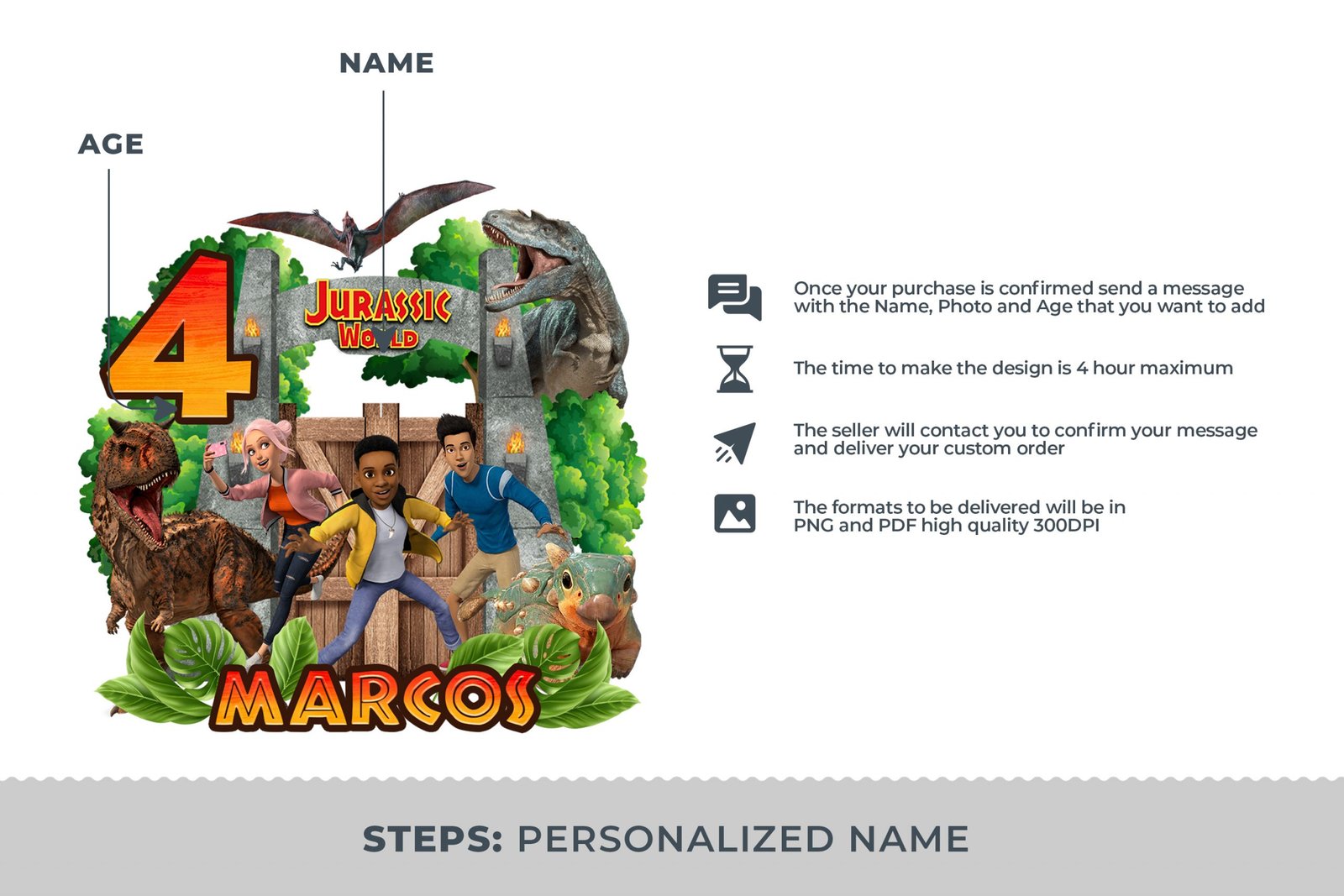Jurassic World Personalizado, Cake Topper Jurassic Park, Cake Topper Jurassic World, Feliz Cumpleaños Jurassic World, Darius, Brooklynn, Jurassic World, Personalizado nombre y año, Ben, Yaz,Kenji, Imprimible - Image 2