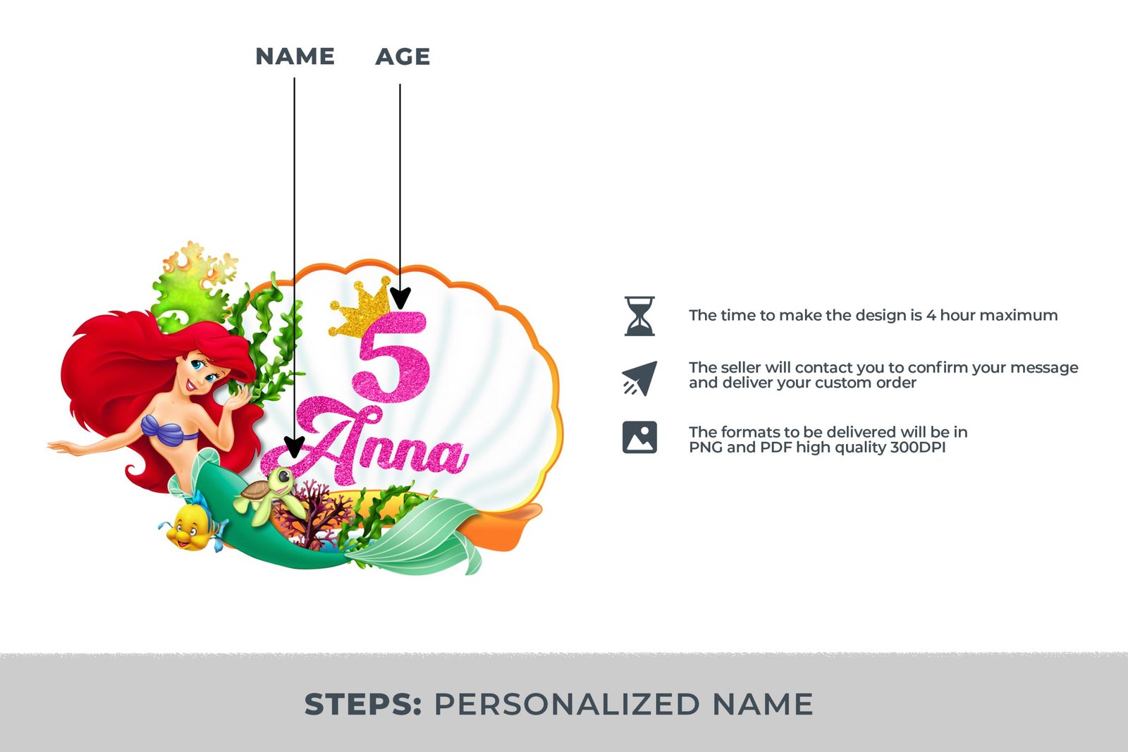 Little Mermaid Custom, Little Mermaid name Custom, Little Mermaid PNG Files, Little Mermaid Images, Cake Topper Little Mermaid - Image 3