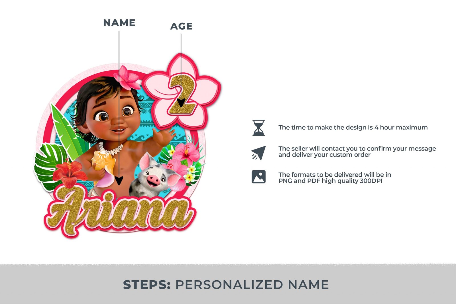 Moana personalizado, Moana custom, Moana name custom, Moana png files, Moana images, Cake topper Moana - Image 2